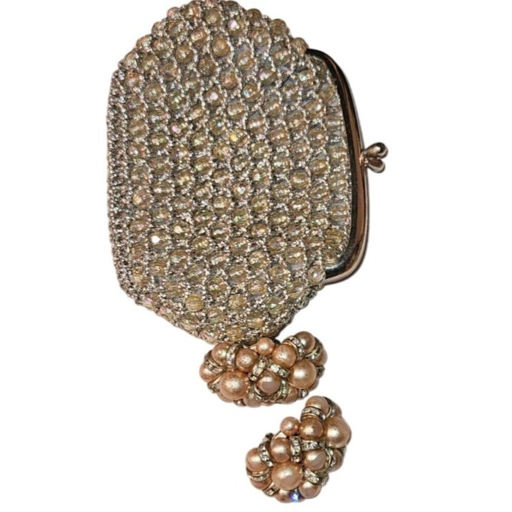 Vintage Sequence Change Clutch & Matching Clip-On Earrings W/ Faux Pearls READ